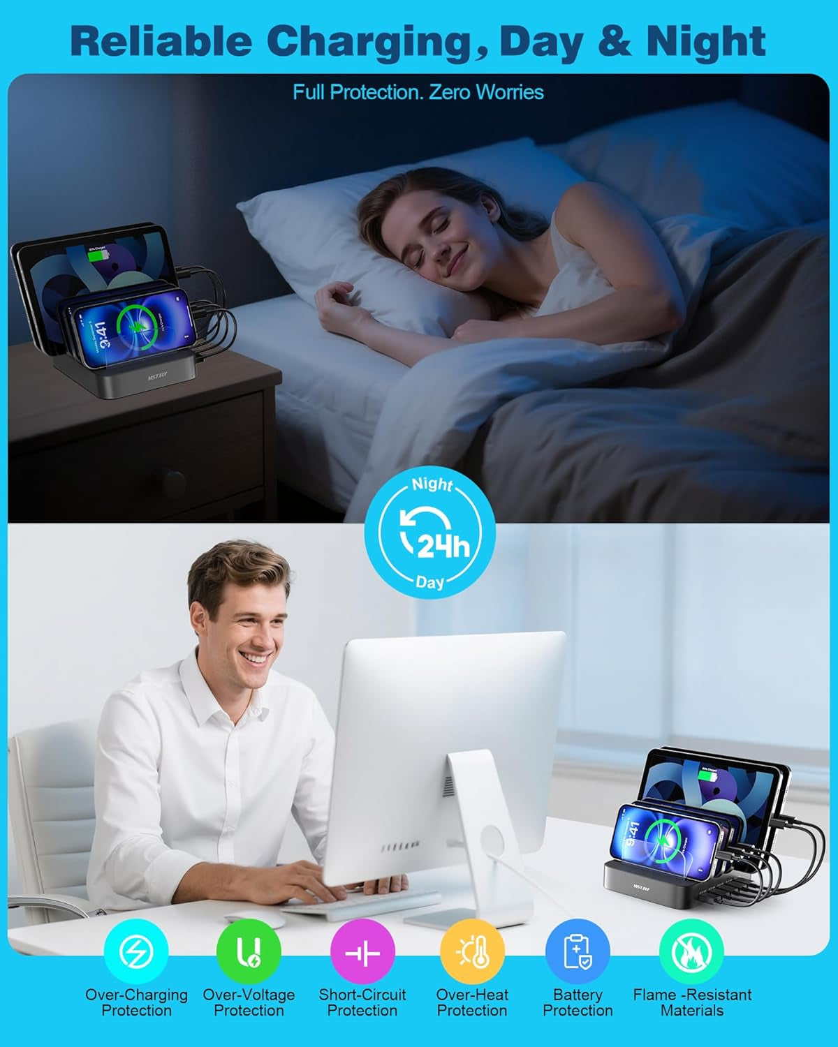 Charging Station for Multiple Devices : 5 Port Multi USB-A Charger Stations Multi-Device Organizer Charging Dock Designed for Iphone Ipad Cell Phone Tablets (7 Short Cables Included), Gray